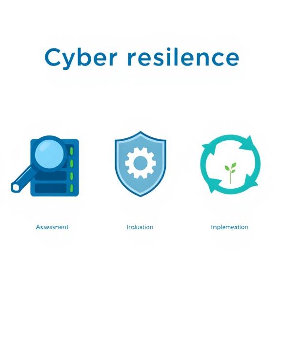 An illustration of the three steps of cyber resilience. Three distinct icons in a horizontal line. The first icon is a magnifying glass over a stylized server rack, representing assessment. The second icon is a shield with a gear inside it, representing implementation. The third icon is a circular arrow, indicating continuous improvement, with a small plant growing in the center. The style is minimalist and uses a color palette of blue, green, and grey, with no text.