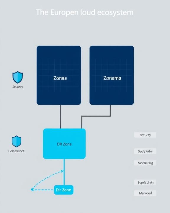 Diagram of a European cloud ecosystem with regions, zones, and DR sites